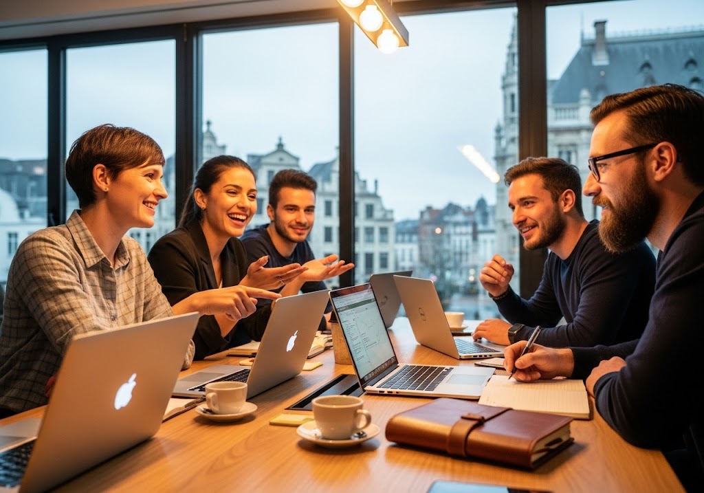 petit groupe d’entrepreneurs et entrepreneuses dans un bureau moderne à Bruxelles
